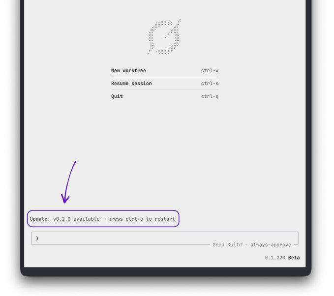 The image shows a computer screen with an open document titled "New Worktree". There are two options displayed at the top of the document - "Quit" and "Restart". The text indicates that the update has been released, which is related to the "Grok Build v0.2.0" update.
