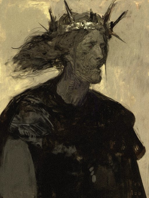 The image features an oil painting depicting a man with long hair and a crown of thorns, dressed in black clothing. The painting has a dark color palette, giving it a spooky or eerie atmosphere. The artist's signature can be seen at the bottom right corner of the artwork. The post is titled "GM legends DECEPIT" and includes a link to an online collection called "TransientLabs". It seems that this art piece is part of a larger series or collection, possibly related to the genre of horror or fantasy.