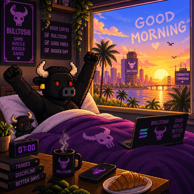 A pixel art illustration of a black bull-headed character waking up in bed at 07:00, surrounded by 'BULLTOSHI' merchandise, with a 'GOOD MORNING' cityscape visible through the window.