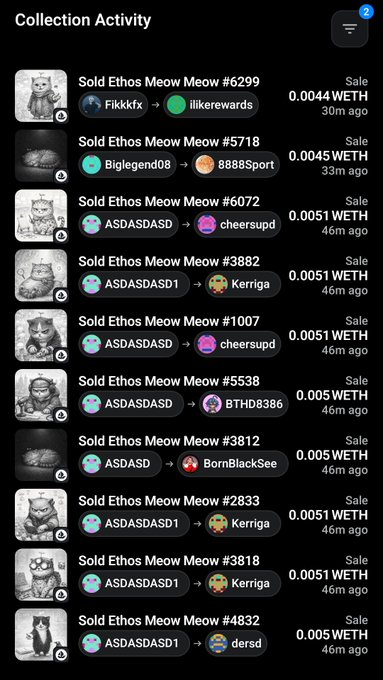 A 'Collection Activity' feed showing recent sales of 'Ethos Meow Meow' NFTs at prices ranging from 0.0044 to 0.0051 WETH, with transactions between various users.