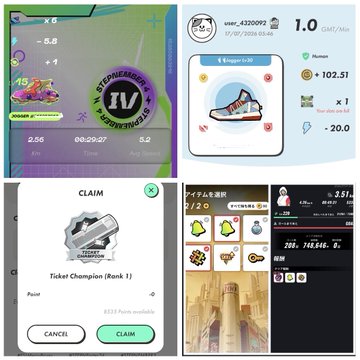 A collage of four STEPN app screenshots showing a sneaker stats interface with a "Strategist IV" badge (5.2 Avg Speed), a Marketplace listing for a sneaker priced at 102.51 GMT, a "Ticket Champion (Rank 1)" claim screen, and a Repair in Progress view for HEAL3—matching the post about obtaining a repair ticket, needing a Common sneaker, and landing another Legendary HEAL3 drop.