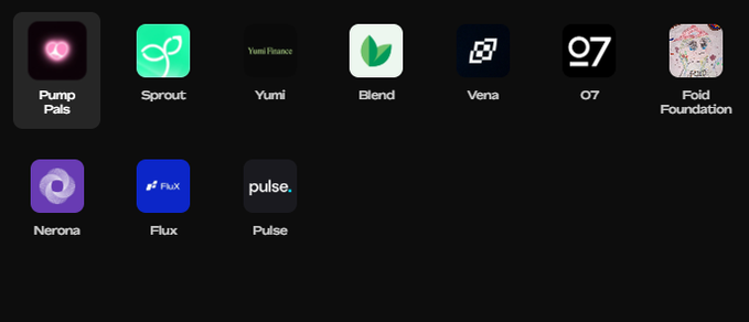 The image displays a grid of app icons featuring Pump Pals, Sprout, Yumi Finance, Blend, Vena, 07, Fold Foundation, Nerona, Flux, and Pulse. It visually showcases the fintech and crypto projects mentioned in the post, which highlights how Vena converts trust into an interest rate, Yumi Finance transforms reputation into credit, and Pulse reads attention.