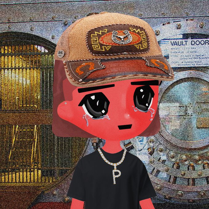 A stylized animated character with a red face, big teary eyes, and a black shirt wearing a bling necklace with a 'P' pendant and a decorated cap with a horseshoe design, standing in front of a vault door background.