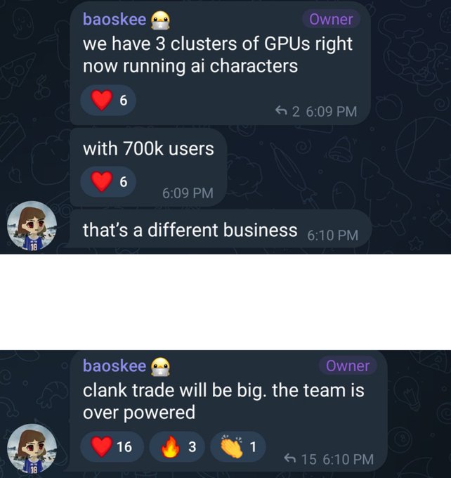 A screenshot of Discord messages from "baoskee" (marked as Owner) stating they have "3 clusters of GPUs right now running ai characters" with "700k users," and noting "clank trade will be big. the team is over powered" with 16 hearts, 3 fire, and 1 clap emoji reactions. The image relates to the accompanying post by highlighting the $AGI founder's tweet showing that Clank Trade's founder has achieved 700k web2 users on their AI characters platform, suggesting significant traction for the project.