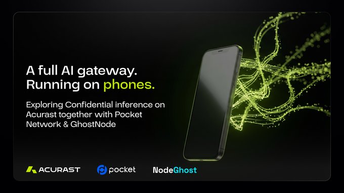 The image shows an advertisement for a new AI-powered gateway that runs on smartphones. The background of the image is black with green lines coming out of it, creating a sense of movement or energy. The main focus of the image is a smartphone placed in the center, surrounded by these green lines. Below the phone, there are two text boxes providing information about the AI-powered gateway and its capabilities.