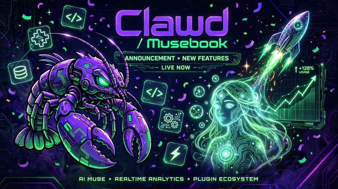 A vibrant digital graphic displays 'Clawd / Musebook' with the text 'ANNOUNCEMENT • NEW FEATURES' and 'LIVE NOW', featuring a purple robotic scorpion and a glowing holographic woman.