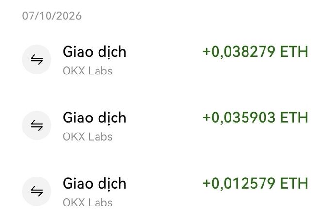 The image shows three Ethereum transaction receipts dated 07/10/2026 from OKX Labs, with incoming amounts of +0.038279 ETH, +0.035903 ETH, and +0.012579 ETH, totaling approximately 0.087 ETH. This appears to be crypto earnings received on day 2 of an NFT IMD challenge, supporting the post's claim of completing the day's task.