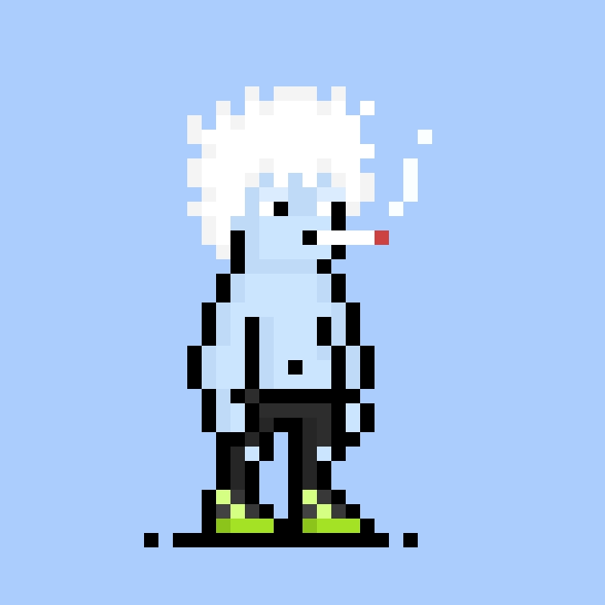 A pixel art illustration of a pale blue-skinned character with wild white hair, dark clothing, and bright green shoes standing against a light blue background.