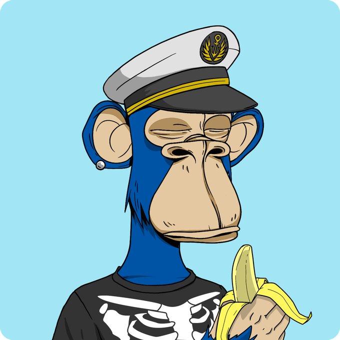 A cartoon illustration depicts a blue monkey wearing a white sailor hat and a skeleton shirt, peeling and eating a banana against a light blue background.