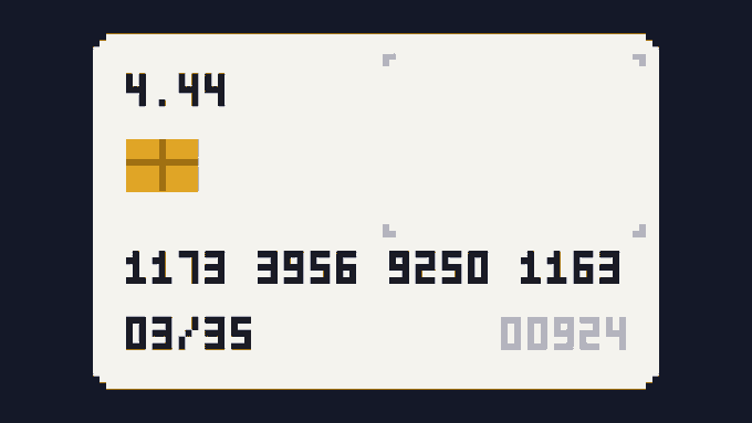 A pixel-art style credit card mockup displays '4.44' and a gold chip, with a 16-digit card number '1173 3956 9250 1163', expiry '03/35', and CVV '00924'.