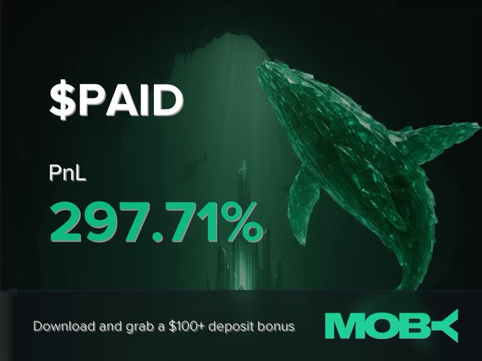 A promotional graphic featuring a green crystalline whale alongside text reading "$PAID PnL 297.71%" with a banner at the bottom advertising "Download and grab a $100+ deposit bonus" from Moby, celebrating the trader's exceptional profit on the $PAID token.