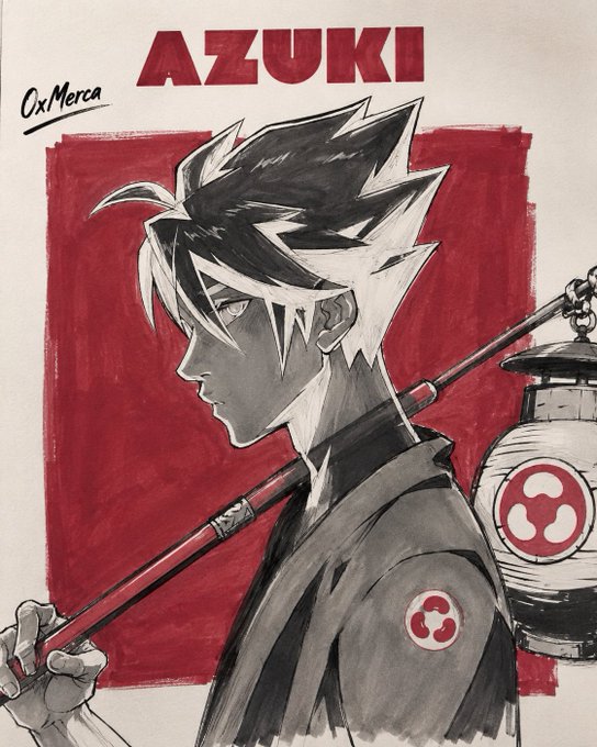 An anime-style illustration titled "AZUKI" by OxMerca, depicting a black-and-white character with spiky hair carrying a lantern with a red tomoe symbol against a red background.