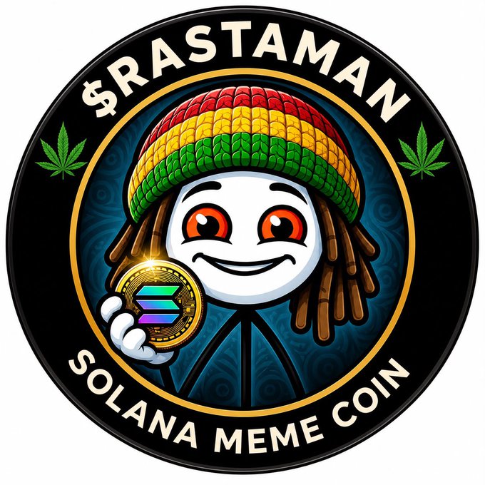 A circular meme coin logo for '$RASTAMAN' featuring a smiling white character with dreadlocks wearing a Rastafarian-colored beanie and holding a Solana logo coin, with 'SOLANA MEME COIN' written below.