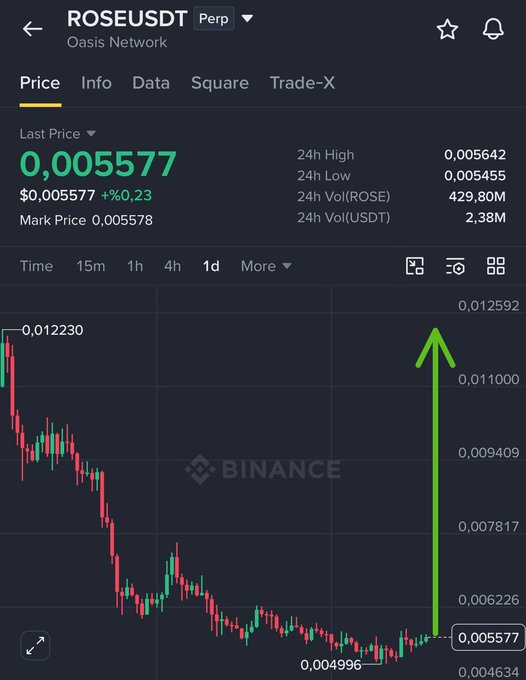 A Binance trading chart for the ROSEUSDT perpetual pair on the Oasis Network, showing a steep decline in price from $0.012230 down to around $0.005577, highlighted by a large green upward arrow indicating a recovery.