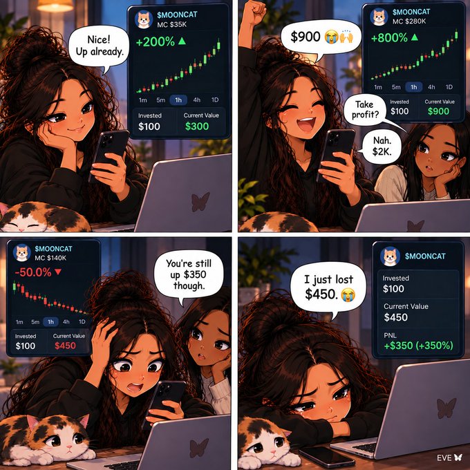 A four-panel comic depicts a girl watching the '$MOONCAT' crypto token rise to +800% (peak $900), then crash 50%, with speech bubbles like 'Nice! Up already,' 'Take profit? Nah,' and 'I just lost $450,' while her friend and calico cat look on in dismay.