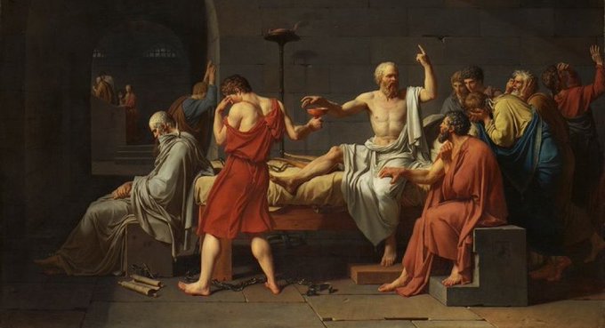 The famous classical painting 'The Death of Socrates' by Jacques-Louis David depicts Socrates reaching for the hemlock cup while his disciples grieve around him.