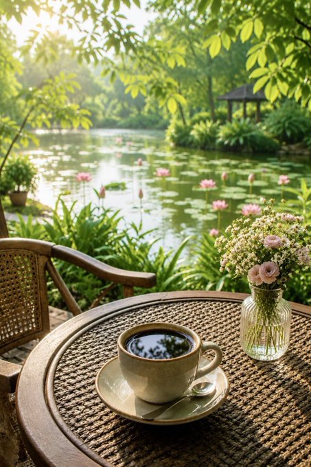 A serene outdoor scene showing a cup of dark coffee and a vase of small pink flowers on a woven table, with a tranquil pond filled with pink water lilies and lush green trees in the background.