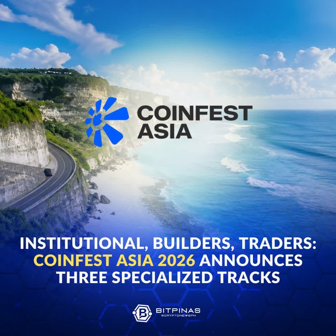 Coinfest Asia 2026 announcement banner set against a coastal cliff scene, announcing three specialized tracks for Institutional, Builders, and Traders, credited to BitPinas.