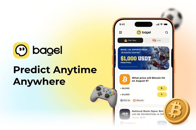 Promotional graphic for the Bagel app featuring a smartphone prediction interface, the headline “Predict Anytime Anywhere,” and visible text including “$1,000 USDT PRIZE POOL” and “What price will Bitcoin hit on August 9?”