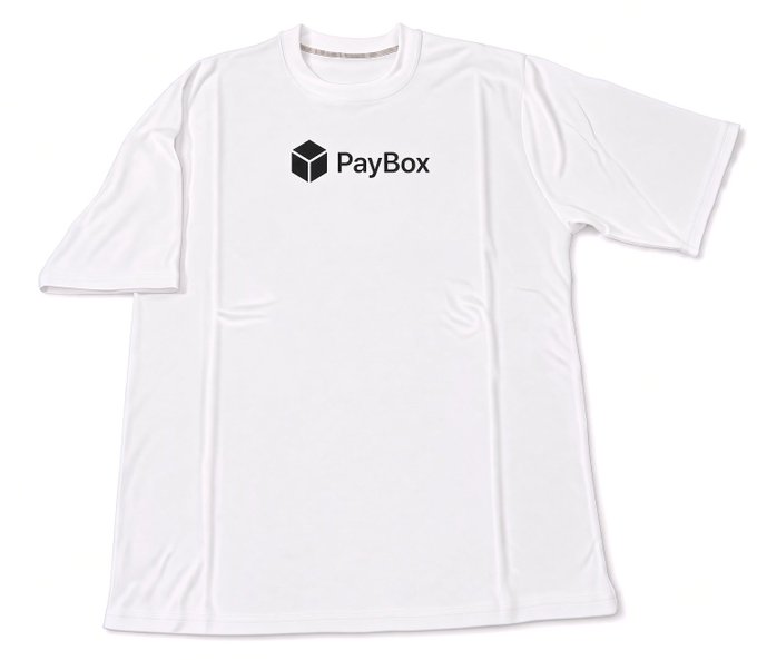 A white t-shirt displayed on a plain background featuring the black 'PayBox' logo with a cube icon on the chest area.