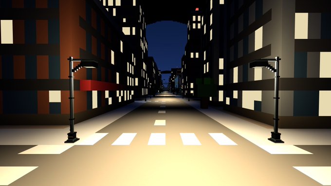 A 3D-rendered stylized nighttime cityscape featuring blocky illuminated buildings lining an empty street with crosswalks and traffic lights, leading toward a dark archway under a deep blue sky.