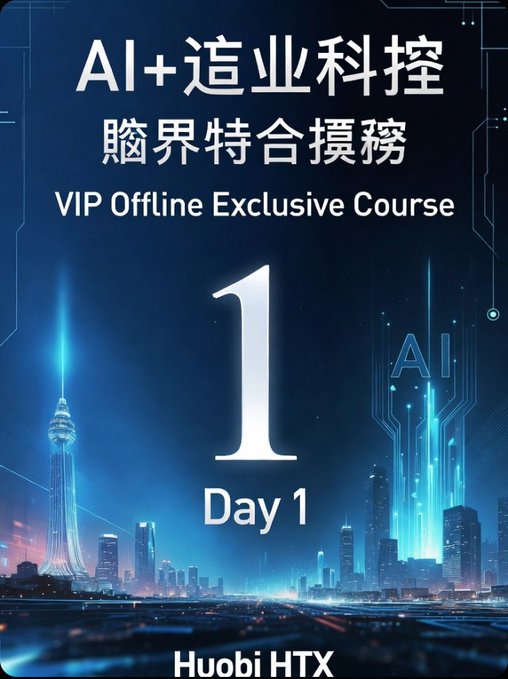 The image features a poster advertising an AI+ course that teaches about AI-powered trading strategies. The poster has a cityscape background, with buildings of various sizes and colors representing different aspects of the financial markets. The text on the poster indicates that this course is exclusively for VIP members and offers a one-day course in AI+ at Huobi HTX.