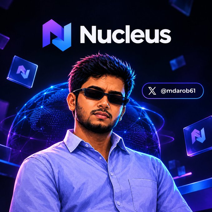 A promotional graphic features a man in a blue shirt and sunglasses against a tech-themed background with the 'Nucleus' logo and the X handle @mdarob61.