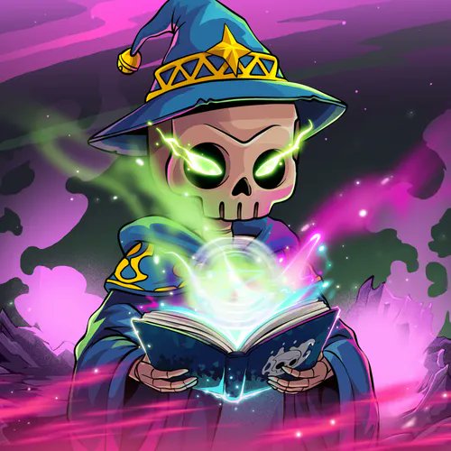 A cartoon skull character wearing a blue wizard hat and robe, casting green magic from an open book against a purple mystical background.