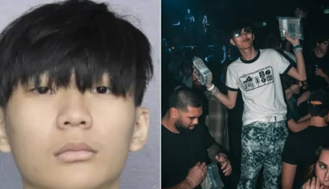 A split image showing a passport-style photo of a young man with dark hair on the left, and a scene of him at a club wearing sunglasses and holding cash on the right.