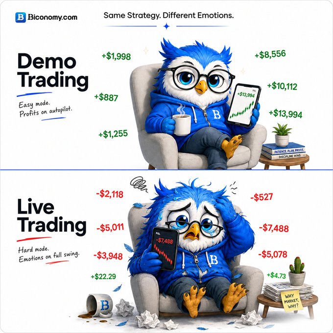 An advertisement from Bicoonomy.com titled 'Same Strategy. Different Emotions.' contrasts 'Demo Trading' (easy mode with profits like +$8,556) against 'Live Trading' (hard mode with losses like -$5,011) using an owl mascot.