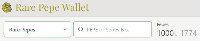 Screenshot of the 'Rare Pepe Wallet' interface showing a search bar for 'PEPE or Series No.' with a 'Rare Pepes' filter selected and 'Pepes 1000 of 1774' displayed on the right.