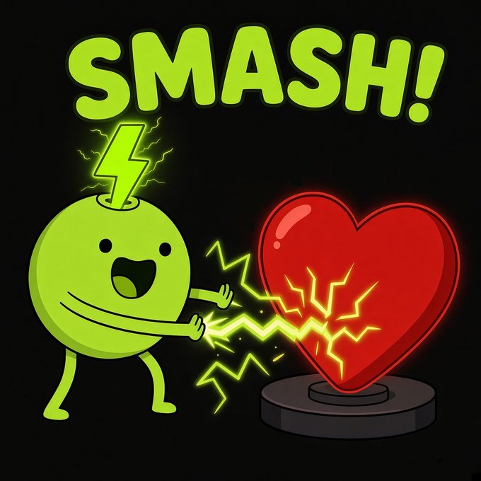 A cartoon illustration of a green, smiling character with a lightning bolt on its head punching a red heart, creating yellow electric sparks, with the word "SMASH!" in large green letters at the top.