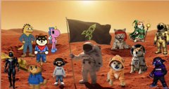 The image features a group of cartoon characters standing together on Mars. There are at least 14 different characters present, including humans and dogs, all dressed up in costumes that resemble spacesuits or astronaut suits. The characters appear to be posing for a photo with their arms outstretched, as if they are ready for an exciting adventure or mission. The post also includes text that reads "This black Shiba is ready for everything $MANYU gearing for take off, relax, and enjoy the ride..". This phrase seems to be related to the image of the characters on Mars, suggesting a connection between their outfits and the context of space exploration.