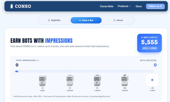 Conso website page showing 'Earn a Bot' tab with 'EARN BOTS WITH IMPRESSIONS' program, 5,555 mint supply, and a progression chart from 1K to 5K impressions.