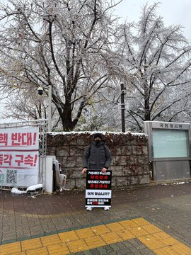A person holding a stack of protest signs with partially legible red text standing on a sidewalk near cherry blossom trees and a sign in Korean.