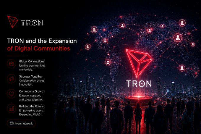 A promotional graphic for TRON titled 'TRON and the Expansion of Digital Communities,' featuring a glowing red TRON logo over a world map with connected user icons.