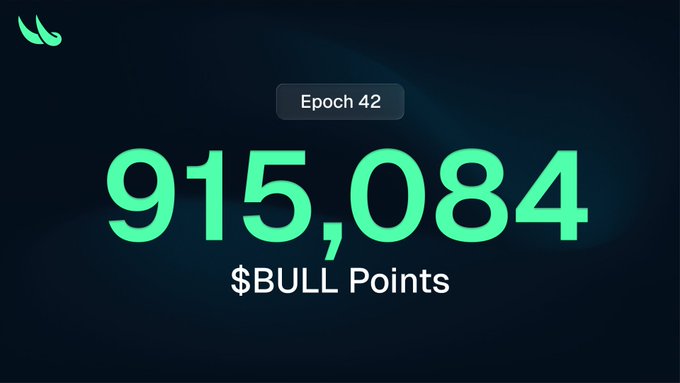 A dark digital display with green text reads '915,084 $BULL Points' beneath 'Epoch 42' with a green logo in the corner.