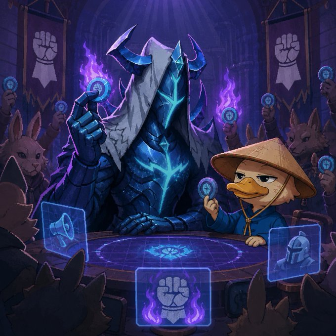 A fantasy illustration of an armored bird character in a conical hat holding a glowing coin, standing opposite a large, horned, armored figure with glowing blue energy, surrounded by rabbit-like creatures and floating holographic icons.