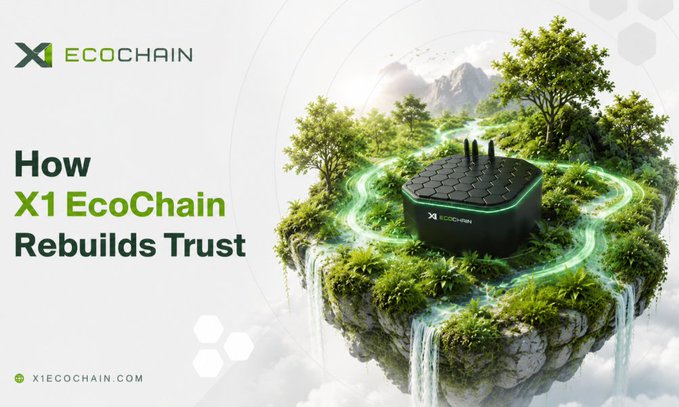 A promotional graphic for X1 ECOCHAIN featuring the text 'How X1 EcoChain Rebuilds Trust' next to an image of a small black device on a floating green island.
