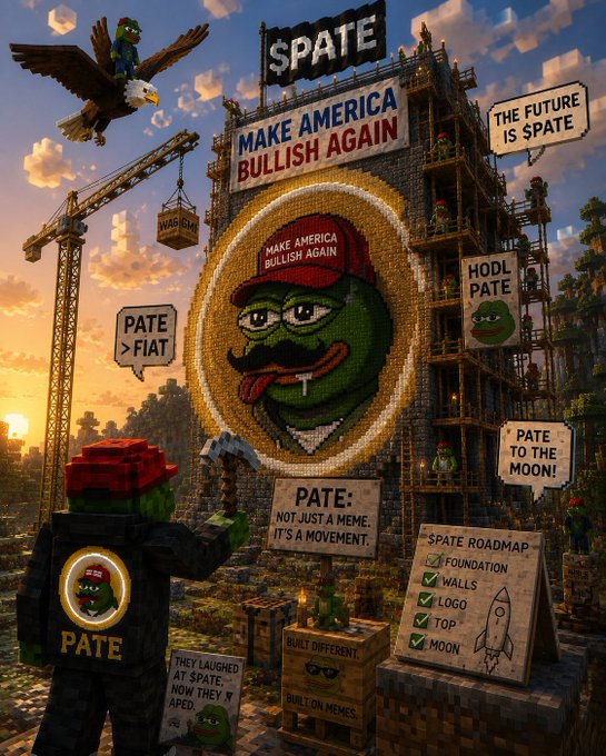 A digital artwork parodying 'Make America Great Again' with a Pepe the Frog character wearing a 'MAKE AMERICA BULLISH AGAIN' cap, alongside text like 'PATE TO THE MOON!' and 'THE FUTURE IS $PATE'.