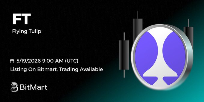 The image features a poster for an event called "Flying Tulip" that took place on May 19, 2026 at 9:00 AM. The poster includes a logo of a tulip with purple petals and green leaves. It also displays text about the event, including details such as the trading pair used in the event (FT/USDT) and the time it occurred (9:00 AM).