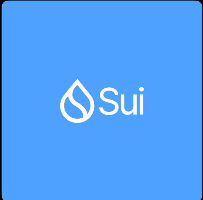The Sui cryptocurrency logo - a white water droplet icon next to the word "Sui" - displayed on a blue background.