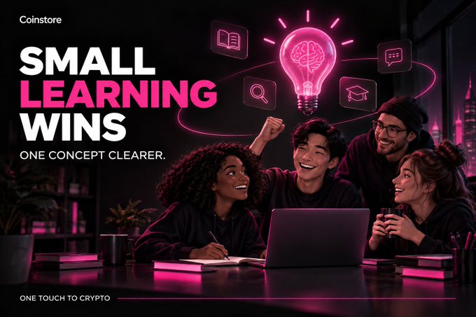 Coinstore advertisement banner with the slogan 'SMALL LEARNING WINS - ONE CONCEPT CLEARER' showing young people gathered around a laptop under a glowing brain-lightbulb icon.