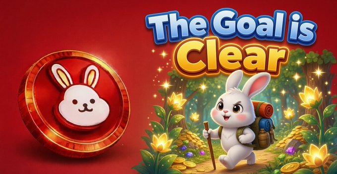 A promotional graphic displays a white rabbit character with a backpack next to a red coin featuring a rabbit face, with the text 'The Goal is Clear' and piles of gold coins.