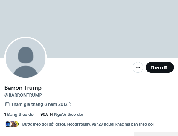 A Twitter/X profile for "Barron Trump" (@BARRONTRUMP) showing a default avatar, a "Follow" button, and account metrics of 1 following and 90.8K followers, with the post noting the account was created in August 2012 when Barron would have been only six years old, fueling speculation about an upcoming $BARRON meme token launch on Robinhood.