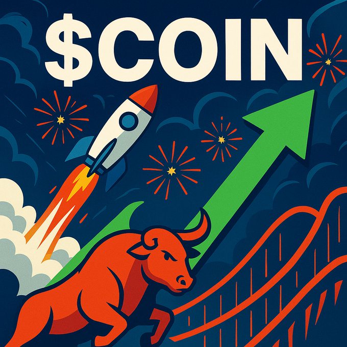A retro-style illustration with the text '$COIN' featuring a rocket ship, a charging red bull, fireworks, and a green upward-trending arrow against a dark blue background.