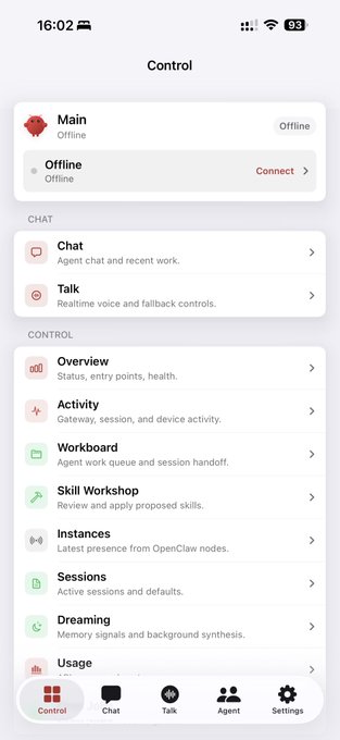 A smartphone screenshot of the OpenClaw app's "Control" page showing the main agent as "Offline" with a red "Connect" option, alongside navigation tabs for Chat, Talk, Agent, and Settings. The post criticizes OpenClaw's new mobile app release, expressing disappointment that despite the team receiving significant funding from OpenAI, the Mac mini version doesn't work properly, suggesting users should move on from the platform.
