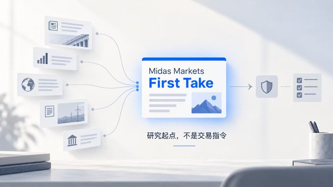A promotional graphic for 'Midas Markets First Take' with Chinese text below reading '研究起点，不是交易指令' (Research starting point, not trading instructions), showing data flows connecting to a shield icon.