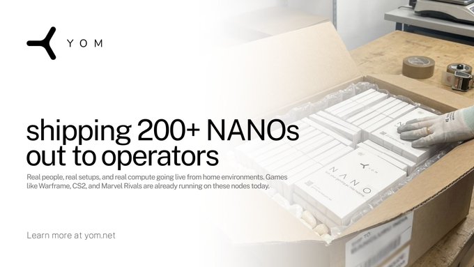 A YOM promotional banner showing a person packing "NANO" branded boxes into a larger shipping container, with text stating "shipping 200+ NANOs out to operators" at yom.net. The accompanying post clarifies that the company actually shipped 200+ Nodes rather than NANOs to the YOM Network and apologizes for the miscommunication, highlighting a discrepancy between the image's "NANO" labeling and the corrected information.