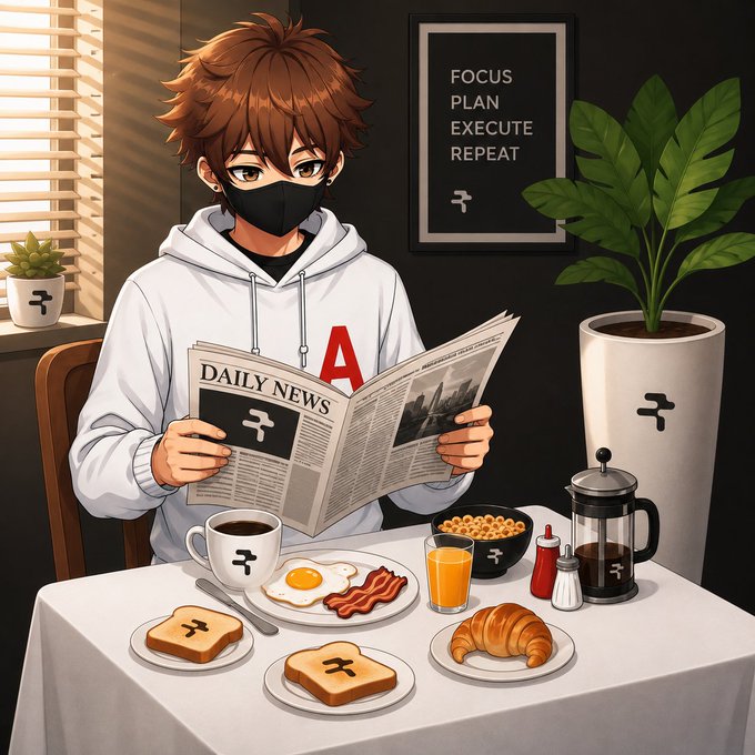 An anime-style illustration of a brown-haired young man wearing a black mask and white hoodie reading a 'DAILY NEWS' newspaper, with a framed poster behind him reading 'FOCUS PLAN EXECUTE REPEAT' and a breakfast spread of toast, eggs, bacon, croissant, cereal, orange juice, and coffee on the table.